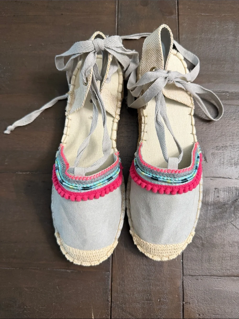Qupid Light Gray Espadrille Flats with Pink & Aqua Trim